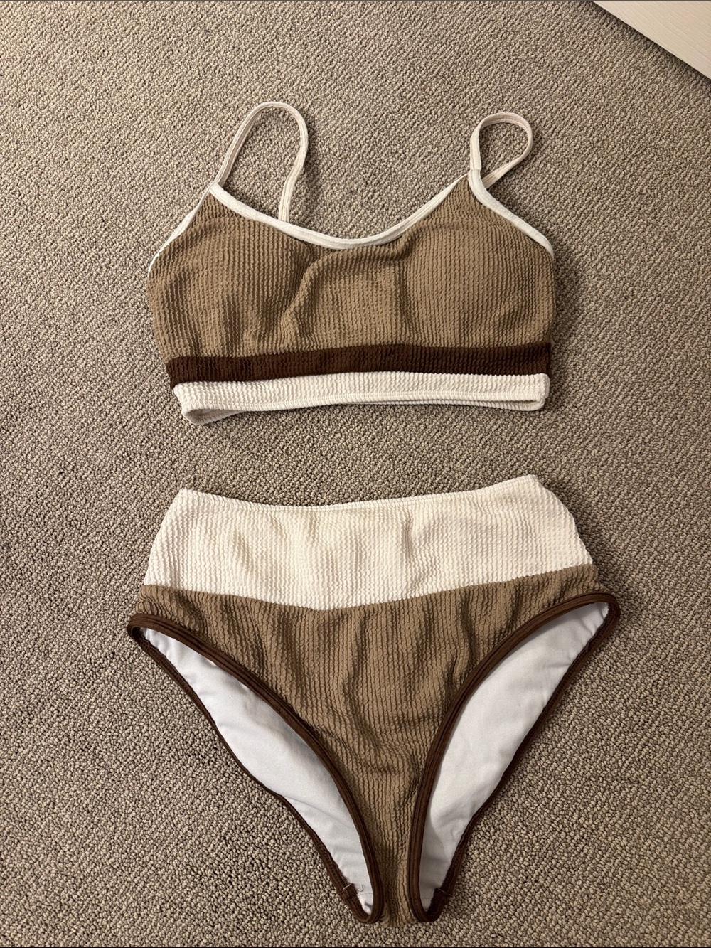 Pink Lily Two-Piece High-Waist Ribbed Bikini in Beige, Brown, White